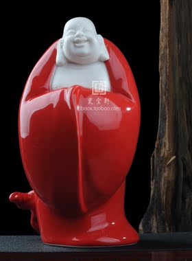 恭喜恭喜中国红套4 弥勒德化瓷红釉红红火火快乐人生指点迷律