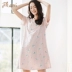 Top cotton cotton cotton dạ hội mùa hè in ren mát mẻ bên hông thấm mồ hôi ngọt ngào ngắn tay váy ngủ nhà mùa xuân - Đêm đầm