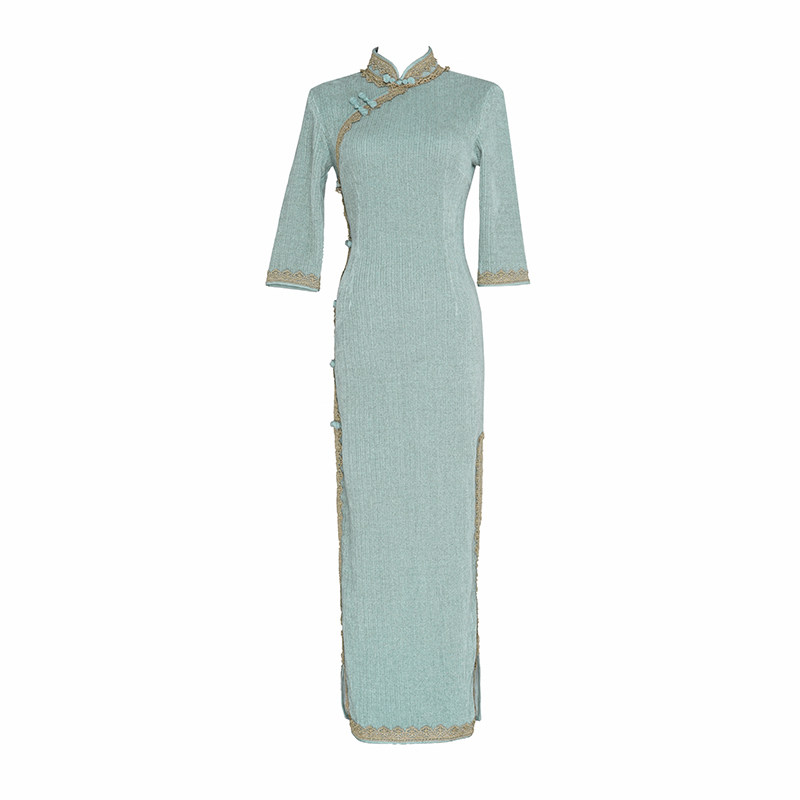 雯卿长袖绿色旗袍秋季民国连衣裙 雯卿旗袍