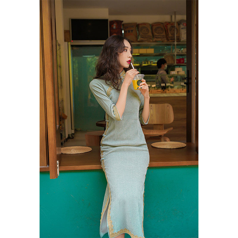 雯卿长袖绿色旗袍秋季民国连衣裙 雯卿旗袍