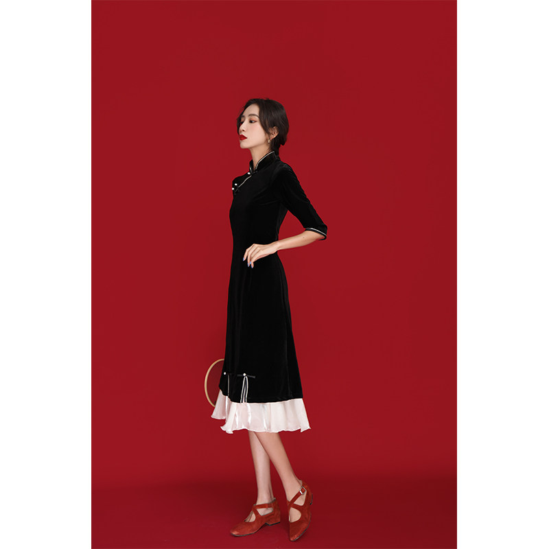 雯卿黑色金丝绒年轻款少女连衣裙 雯卿旗袍