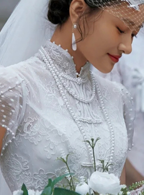 搭配旗袍珍珠项链结婚新娘颈链多层双层叠戴锁骨链中长款女款866