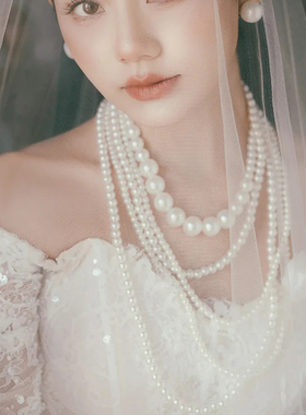 多层大珍珠项链配礼服颈链女士五层锁骨链中长款毛衣链配饰品618