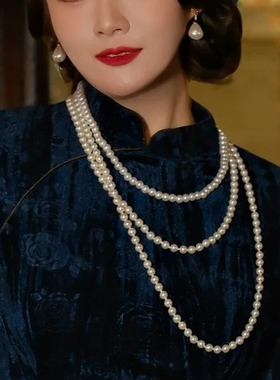 搭配旗袍项链三层珍珠锁骨链