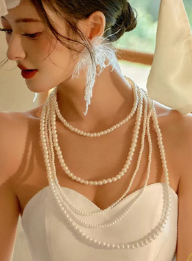 多层叠戴珍珠项链中长款