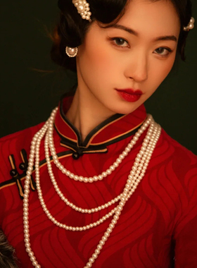 多层珍珠项链搭配旗袍配饰品中长款颈链女款多圈锁骨链毛衣链1023