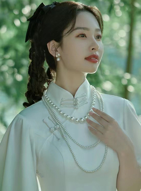 搭配旗袍珍珠项链女士国风拍照写真饰品颈链子中长款毛衣链子272