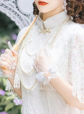 搭配旗袍珍珠项链中长款毛衣链子