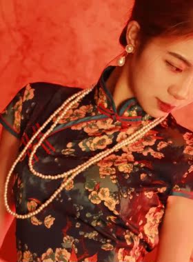 搭配旗袍珍珠项链双层颈链10mm中长款锁骨链女士拍照写真饰品992
