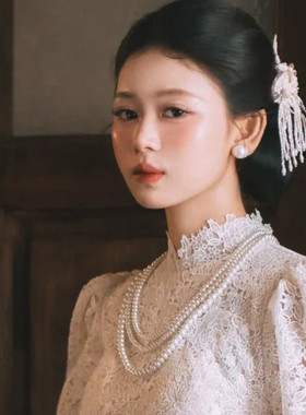 多层珍珠项链2026新款新娘旗袍项链长颈链女士法式三层中长款721