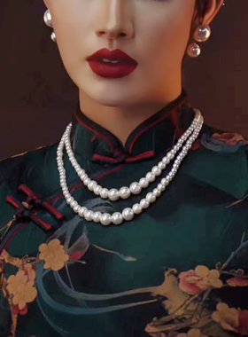 搭配旗袍珍珠项链多层颈链国风写真摄影拍照饰品女双层锁骨链1997