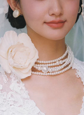仿珍珠颈链子新娘项链女士摄影拍照饰品多层锁骨链五层choker040