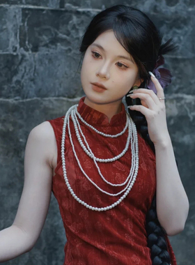 多层叠戴珍珠项链颈链