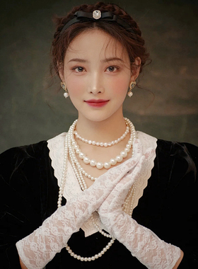 多层仿珍珠项链法式拍照写真锁骨链子女士配裙子颈链子中长款1869