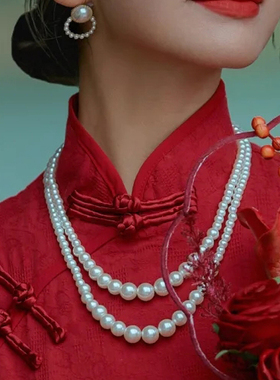 复古配旗袍珍珠项链双层锁骨链