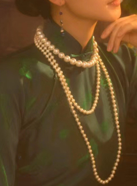 配旗袍珍珠项链女夏季新款饰品中长款毛衣链子多层叠戴锁骨链201