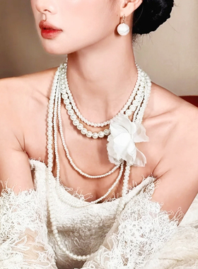 法式复古多层珍珠锁骨链中长款