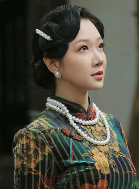 旗袍搭配10mm大珍珠双层锁骨链