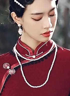 搭配旗袍珍珠项链中长款毛衣链女士双层叠戴颈链多层锁骨链子520