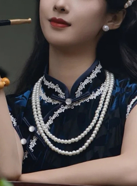 2025新款搭配旗袍珍珠项链多层叠戴颈链女锁骨链中长款毛衣链438