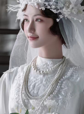 多层珍珠项链中长款新娘颈链女士配饰品百搭锁骨链叠戴毛衣链1996