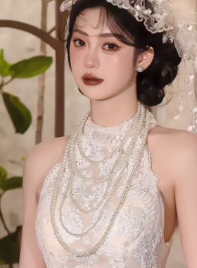 法式复古多层叠戴仿珍珠锁骨链