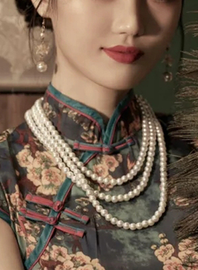 2025新款搭配旗袍珍珠项链女多层叠戴毛衣链中长款颈链锁骨链338