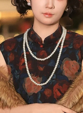 搭配旗袍珍珠项链新中式饰品中长款毛衣链女士双层锁骨链颈链540
