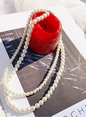 双层珍珠项链多层叠戴颈链子拍照写真饰品女士锁骨链毛衣链子1059