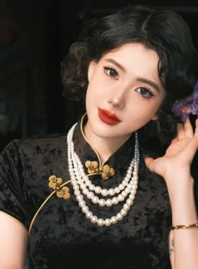 多层珍珠项链配旗袍饰品拍照项圈三层锁骨链子女士毛衣链颈链463
