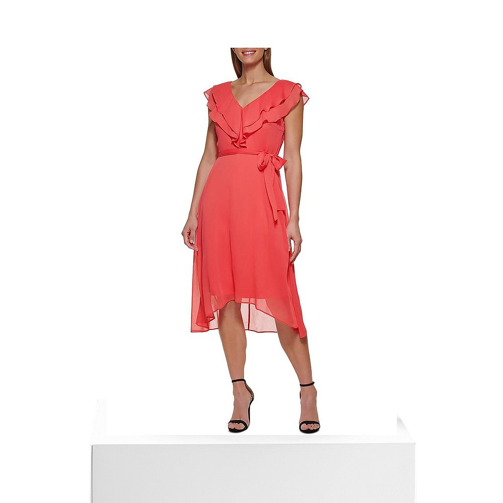 dkny女士 Ruffled Calf Midi Dress coral 【美国奥莱】直发 - 图3