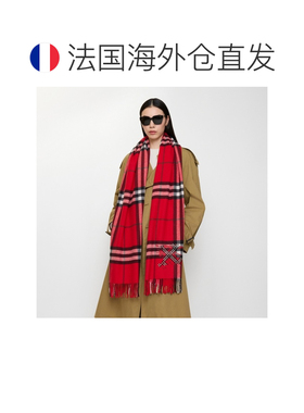 自营欧洲直邮Burberry博柏利 Check女士红色羊绒EKD刺绣大号围巾