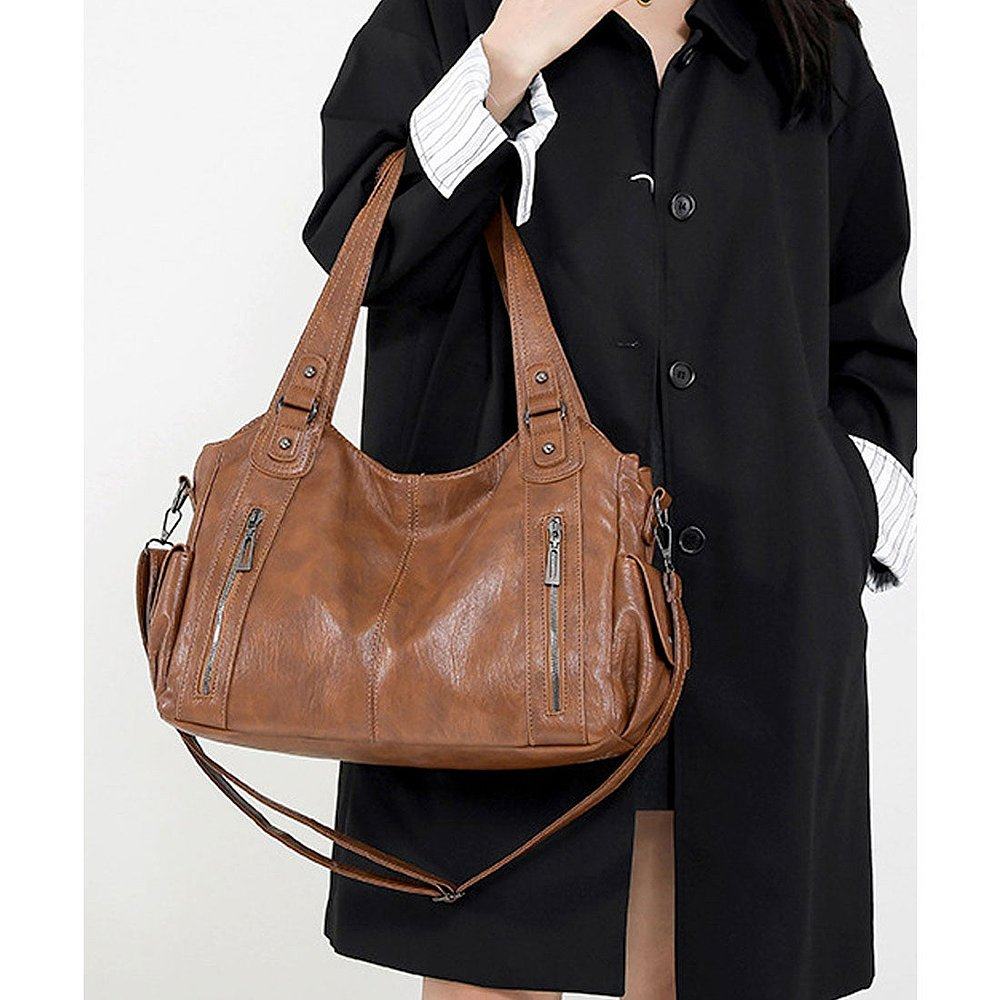 日本直邮florge 2WAY多口袋皮革质感双拉链托特包商务包单肩包 [F - 图2