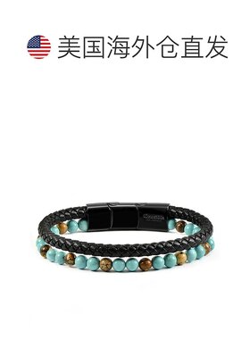 自营 Crucible 洛杉矶黑色皮革黑色扣环黄色和绿色宝石手链 - 蓝