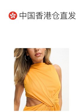 香港直邮潮奢 ASOS 女士minimal 设计高领垂褶剪口橙色中长连衣裙