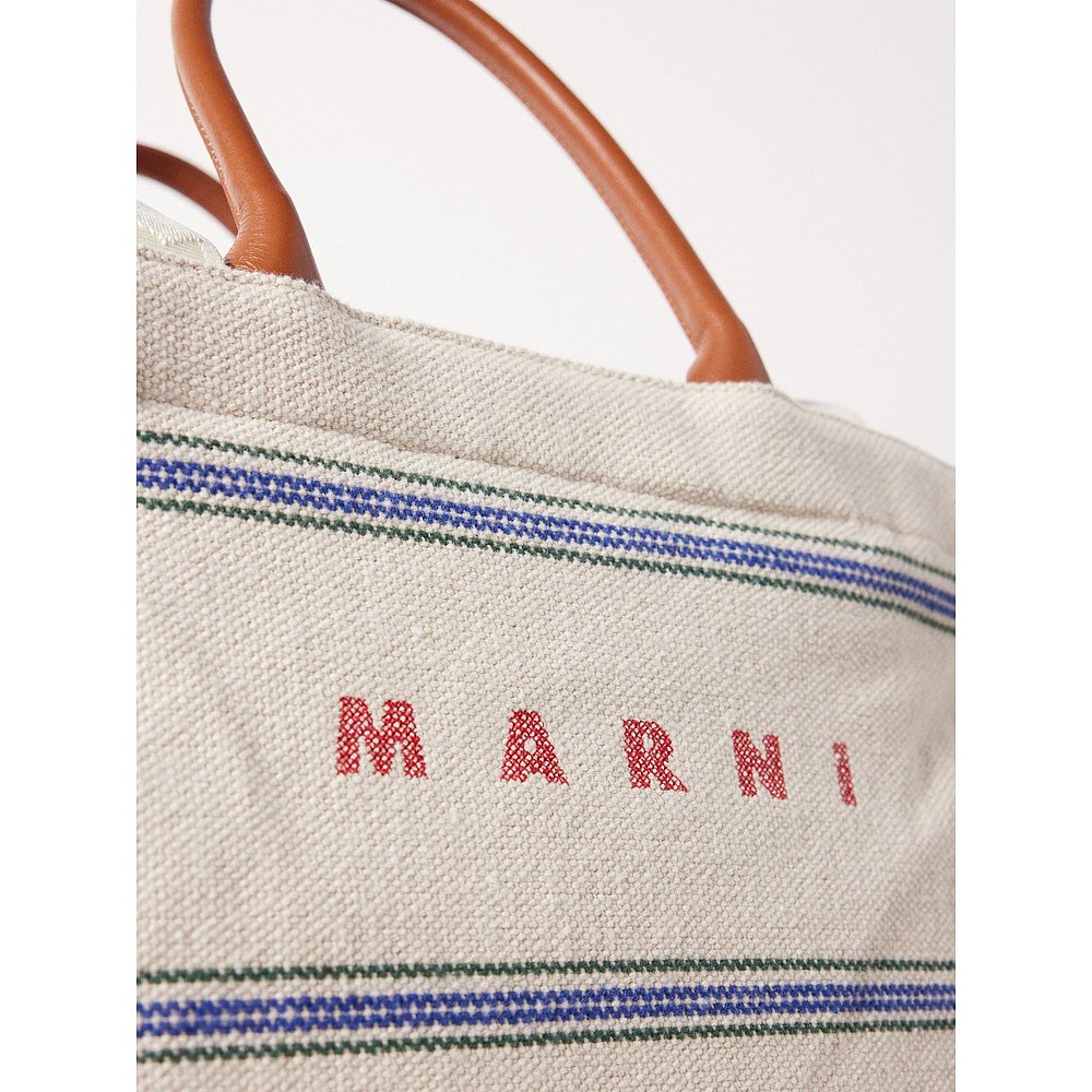 香港直邮潮奢 Marni 玛尼 男士Canvas stripe leather-strap tote - 图2