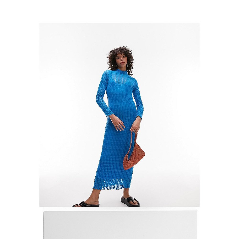 香港直邮潮奢 Topshop 女士 织纹长袖蕾丝针织中长连衣裙(蓝色)