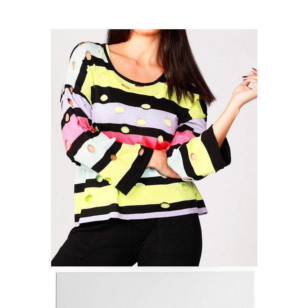 french kyss3/4 Stripe Sleeve Holey Crew In Black/multi- bla-图3