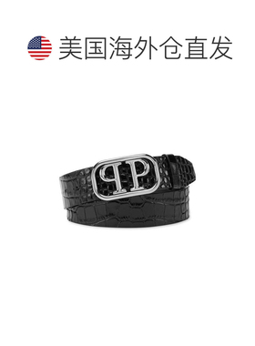 自营philipp pleinLeather Belt Crocco Print Shiny Skull - bl