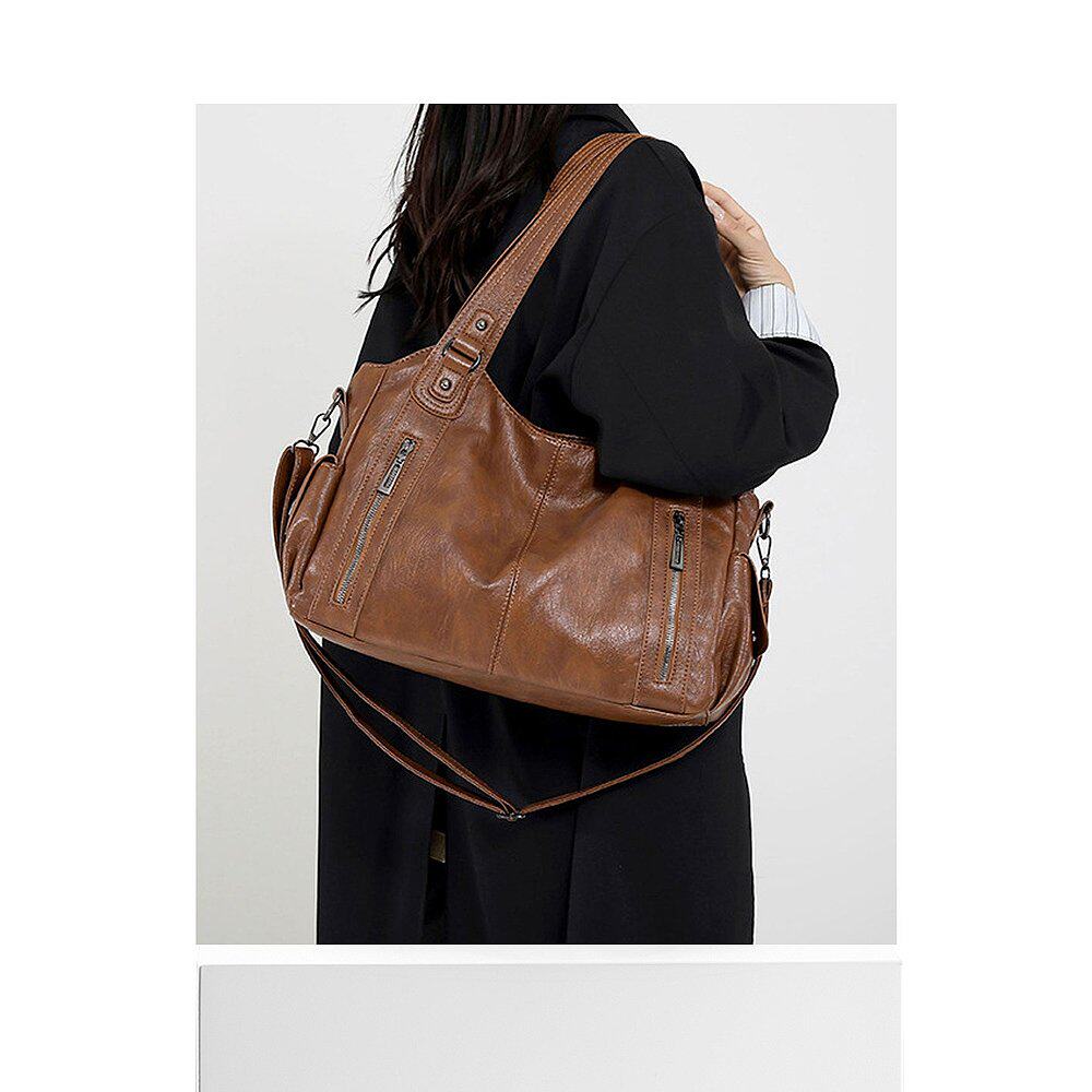 日本直邮florge 2WAY多口袋皮革质感双拉链托特包商务包单肩包 [F - 图3