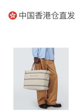 香港直邮潮奢 Marni 男士Logo leather-trimmed tote bag 托特包