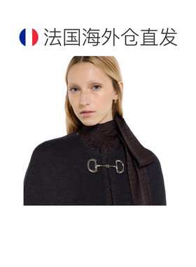 欧洲直邮自营GUCCI古驰 女士深灰色羊毛/真丝马衔扣斗篷