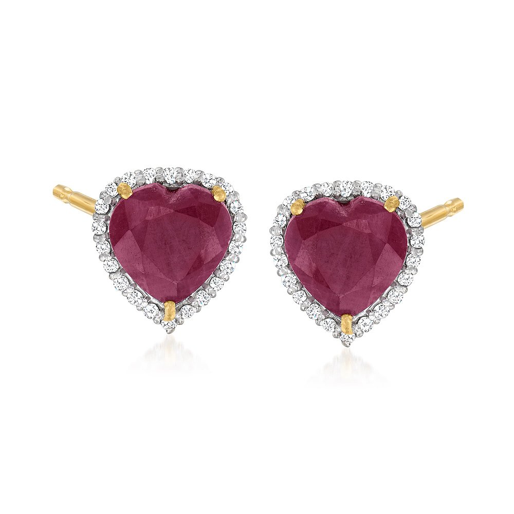 Ross-Simons Ruby Heart Earrings With . White Topaz in 18kt G - 图2