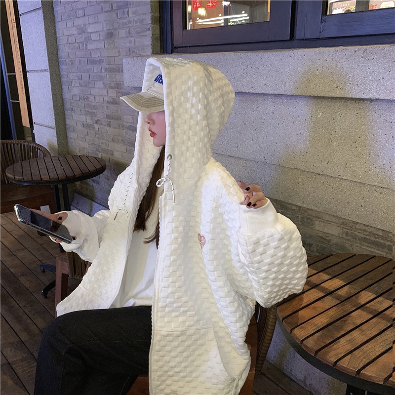 华夫格连帽外套女慵懒学院风开衫卫衣