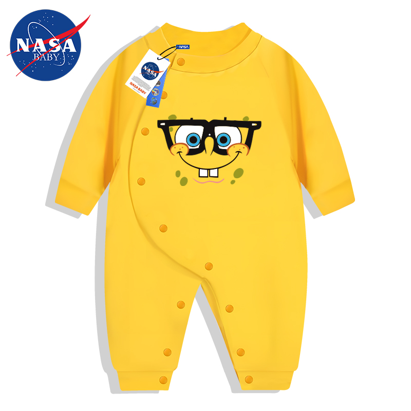 秋季新款可爱海绵宝宝婴儿侧开长袖59码连体衣爬爬服外出a类纯棉 - 图1