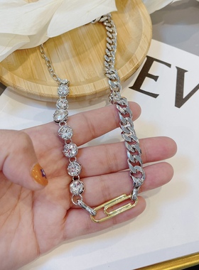 韩国东大门秋冬新款小众设计回形针水钻时尚夸张短款毛衣链项链女