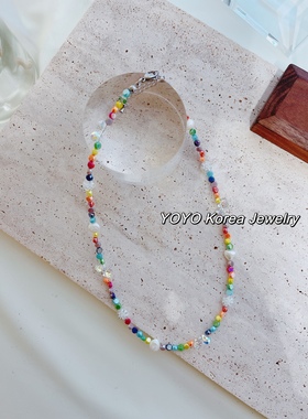 多巴胺彩色水晶珍珠项链锁骨链