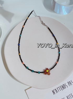 黑色水晶彩色串珠小花项链锁骨链