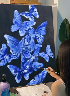 网红蓝色蝴蝶石英砂肌理画