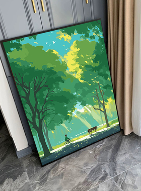治愈系森系绿色风景数字油画diy油彩画手绘减压丙烯画卧室装饰画